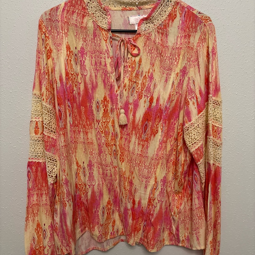 Lightweight Pink & Cream Boho Tie-Neck Tunic
